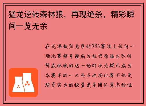 猛龙逆转森林狼，再现绝杀，精彩瞬间一览无余